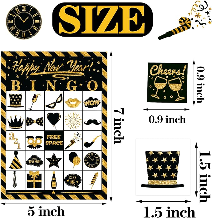 Joy Bang New Years Bingo Cards Games for Kids Adults, 24 Players for Family Friends Large Group, New Years Crafts Activities Party Supplies Favors Gifts for Children