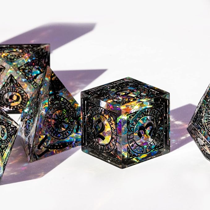 Cusdie Sharp Edges Dice DND, 7 PCs D&D Dice, Handcrafted Polyhedral Dice Set, for Role Playing Game Pathfinder (Black Pattern)