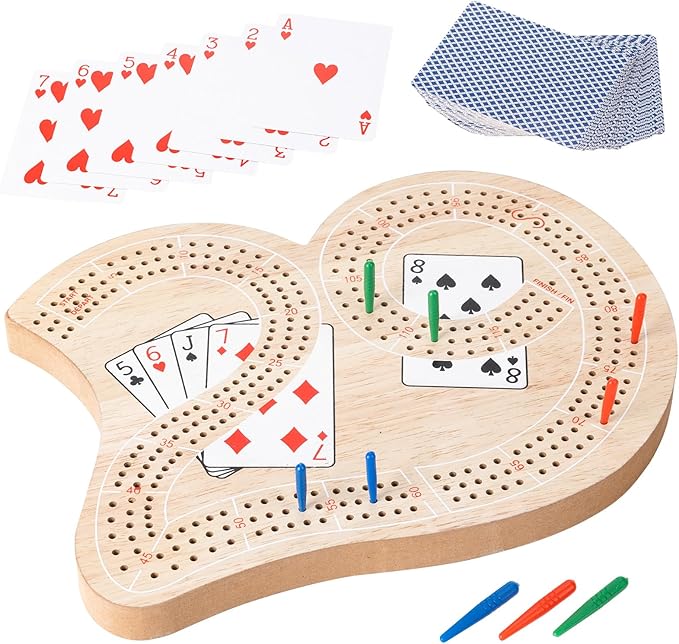 Wooden 3-Track Cribbage Board Game - Classic Board for 3 Players with Plastic Pegs - Ideal Family Game for Kids and Adults