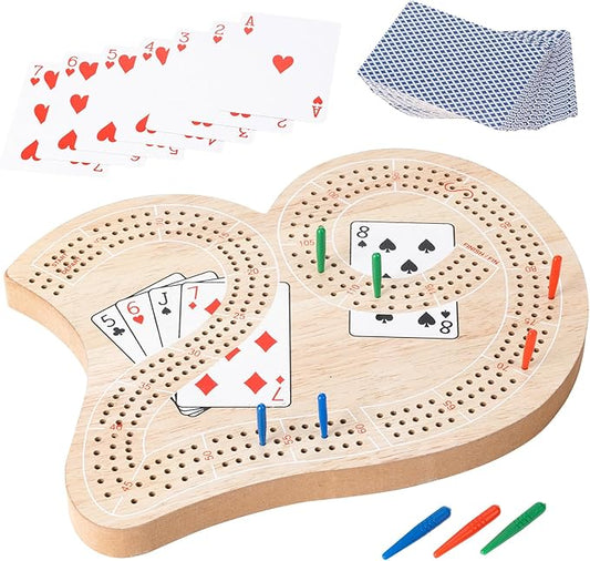 Wooden 3-Track Cribbage Board Game - Classic Board for 3 Players with Plastic Pegs - Ideal Family Game for Kids and Adults