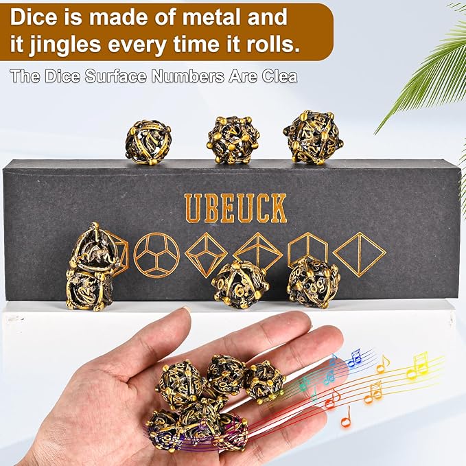 DND Metal Dice Set, UBEUCK 7PCS Gear Metal DND Dice Set for Dungeons & Dragons Board Games Boxes (Gold dice)