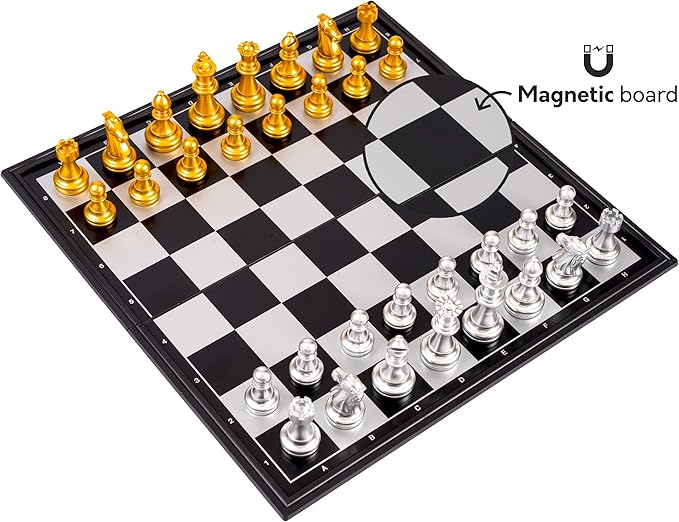 Magnetic Travel Chess Set Game with Folding Board Portable and Storage Compartment – Great Travel Toy Set by Big Mo’s Toys 9.7"