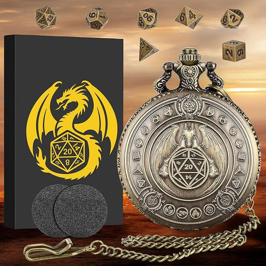 Mini DND Dice Set Dragon Bronze Pocket Watch Shell Case, 7pcs Polyhedral Metal D&D Dice Set, DND Gifts with Gift Box, D&D Gift, Role Playing Board Games Accessories