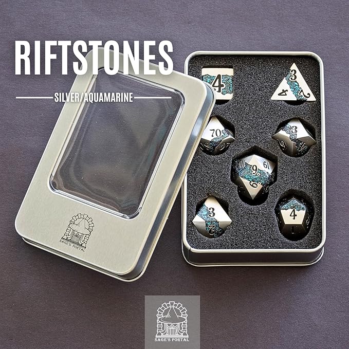 Sage's Portal Metal Riftstone DND Dice 7-PC Polyhedral Dice Set for DND TTRPG Dungeons and Dragons Pathfinder Oversized Designer Dice (Pearl Silver/Aquamarine)