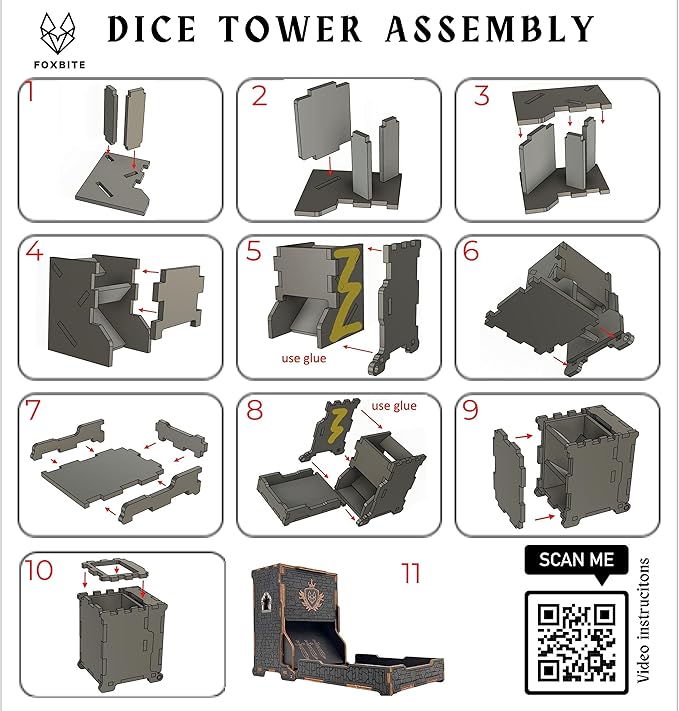 FOXBITE Dice Tower for Dungeons and Dragons Tower with Tray Wood Laser Etched DND Portable and Collapsible Dice Roller Perfect for Board Game and Tabletop RPG, Natural Wood Carved and Printed 5e