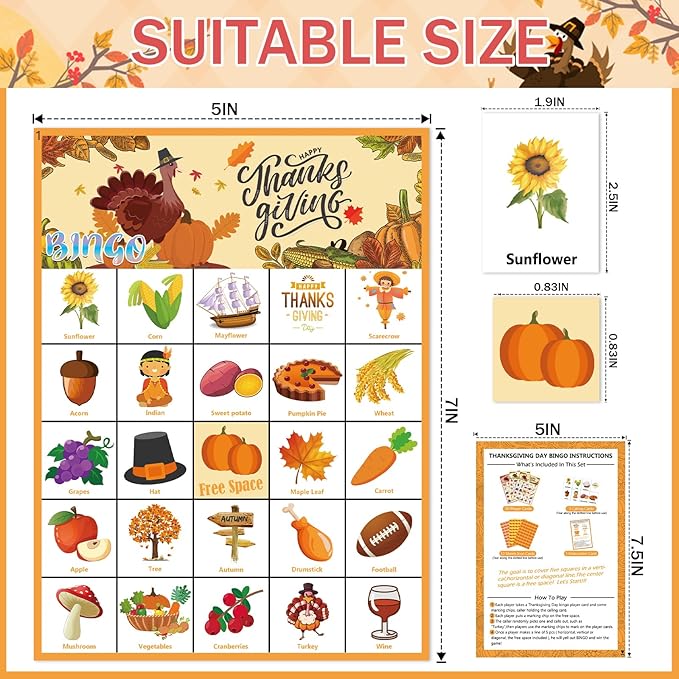 VESPRO 46PCS Thanksgiving Bingo Game Cards for 30 Players Thanksgiving Day Party Games Fall Bingo for Kids Party Classroom Activities