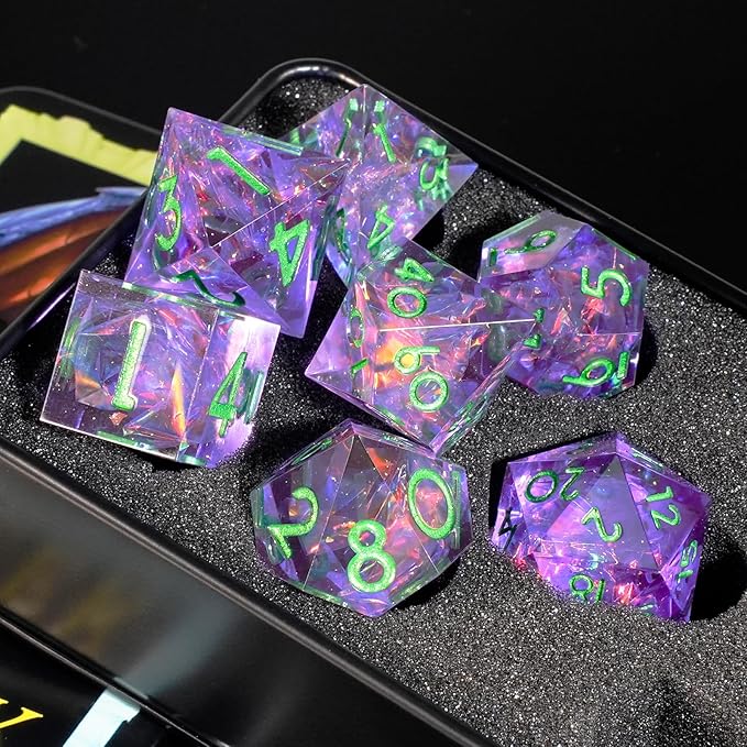 DND Dice Set Sharp Edged Dice Set of 7 DND Faceted Dice Golden Numbers and Beautiful Iron Box Perfect for Dungeons & Dragons RPG and Board Game(Purple Green)