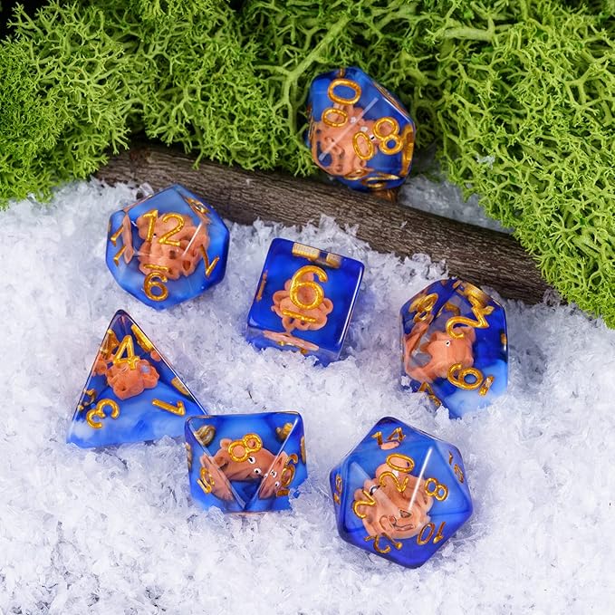 UDIXI 7PCS Resin DND Dice Set, Blue D&D Dice Set Filled with Octopus for RPG Dungeons and Dragons Role Palying Games and Other Tabletop Games, d and d,