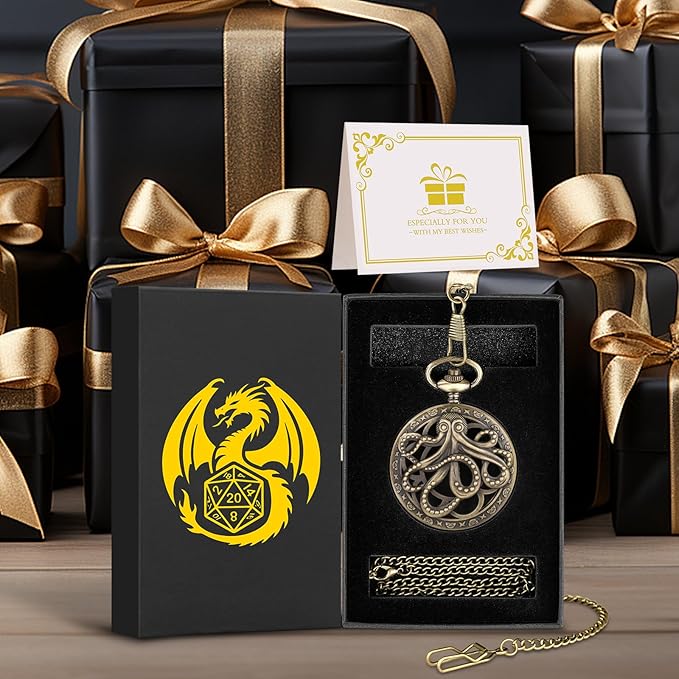 Mini DND Dice Set Steampunk Hollow Octopus Pocket Watch Shell Case, 7pcs Polyhedral Metal D&D Dice Set, DND Gifts with Gift Box for Player, Role Playing Board Games Accessories, Bronze