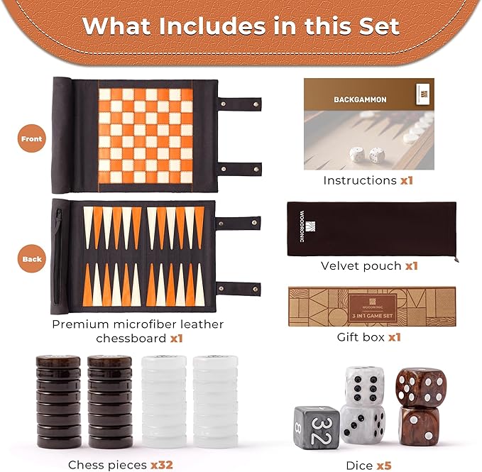 Woodronic 3 in 1 Travel Chess Checkers Backgammon Set, Roll-up Leather Backgammon Game Set with 32 Pearl Textured Pieces and 5 Dices, Portable Travel Strategy Board Game Set for Adult, Navy Blue