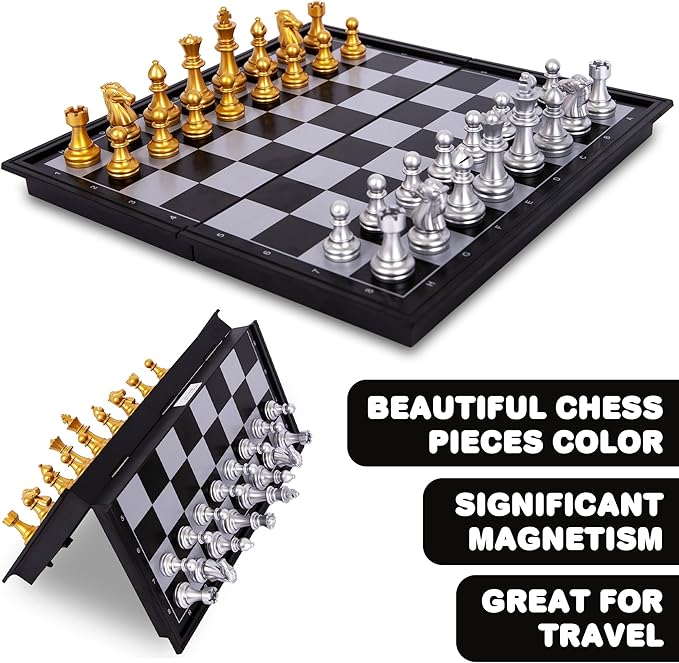 Gamie 3 in 1 Magnetic Travel Chess Set - Portable Chess, Checkers, Backgammon Set - 9 Inch Magnetic Chess Board for Road Trips - Travel Games for Kids and Adults - Gift Idea for Ages 3 and Up