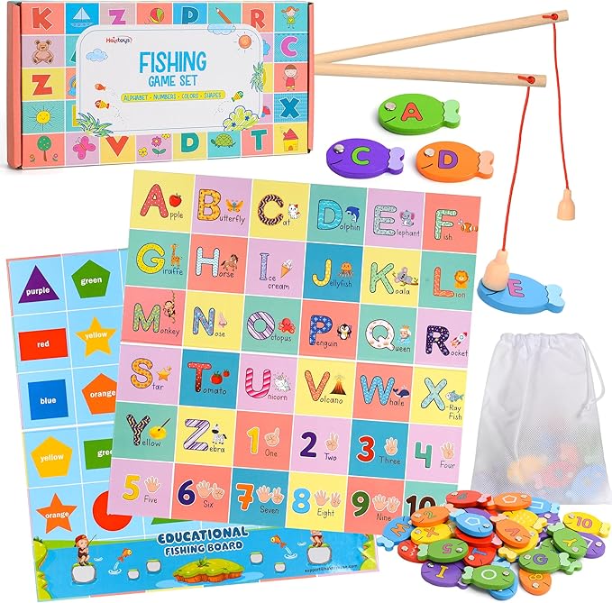 Magnetic Wooden Fishing Game – Interactive ABC Alphabet, Numbers, Shapes & Colors 4-in-1 Learning Board | Montessori Educational Toy for Kids | Complete Set with 36 Fish, 2 Poles & Wooden Board