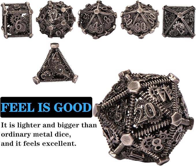 DND Metal Dice Set, UBEUCK 7PCS Gear Metal DND Dice Set for Dungeons & Dragons Board Games Boxes(Ancient Nickel Gear)