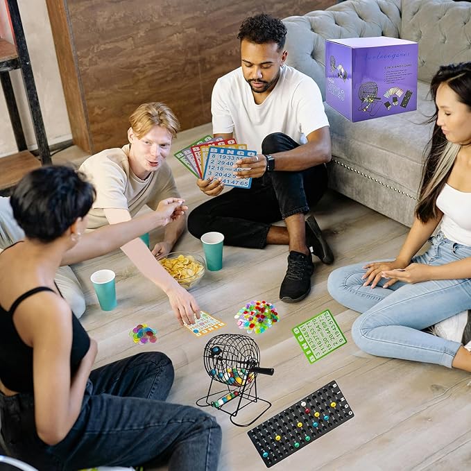 SEETOOOGAMES Deluxe Bingo Game Set - 8 Inch Metal Cage, 50 Paper Cards, 300 Colorful Clear Chips, Bingo Balls and Plastic Master Board, Great for Adults Large Groups, Familiy Games Nights Parties