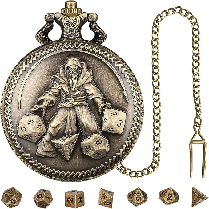 Mini DND Dice Set, Hand Held Dice Wizard Pocket Watch Shell Case, 7 Piece Polyhedral Metal D&D Dice Set, DND Gifts with Gift Box, Role Playing Board Game Accessories, Bronze