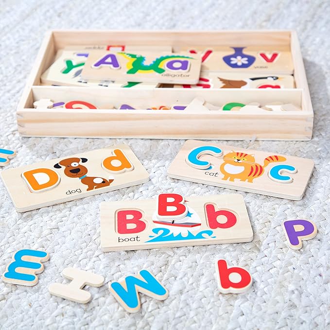 Melissa & Doug ABC Picture Boards - Educational Toy With 13 Double-Sided Wooden Boards and 52 Letters , White