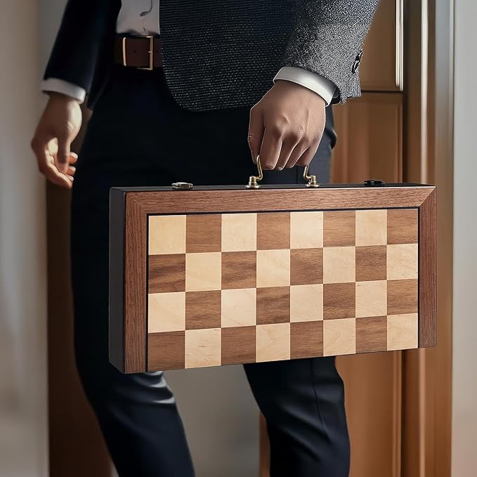 Deluxe Chess Set 16.5'' Wooden Large Folding Chess Board Game with Handle, Weighted Acrylic Chess Pieces - 3.5" King with Storage Slots for Beginners, Professional Players