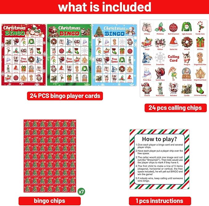 Merry Christmas Bingo Game for Kids Adults Large Group 24 Players Xmas Winter Holiday Bingo Family Activities Party Games Party Favors Party Supplies