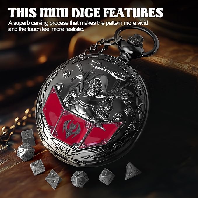 D&D Dice Set,7PCS Metal Dice for Dungeons and Dragons,Mini Dice Set with Pocket Watch Case,Role Playing Board Games Accessories (DM, Black)