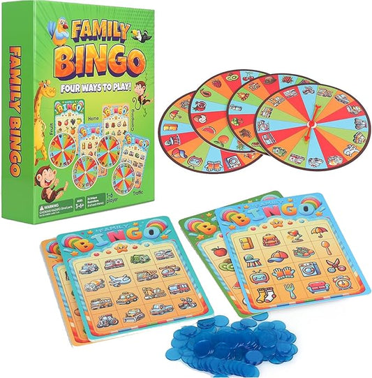 Family Bingo Game for Toddlers & Kids | 4-in-1 Visual Bingo Set with Household Items, Cars, Fruits & Camping Gear | Family-Friendly Board Game for Learning & Fun| 2-4 Players