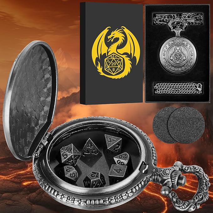 Mini DND Dice Set Dragon Pocket Watch Shell Case, 7pcs Polyhedral Metal D&D Dice Set, DND Gifts with Gift Box, D&D Gift, Role Playing Board Games Accessories, Dark Silver