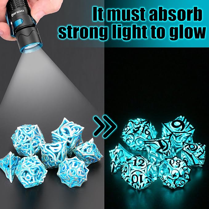 Glow in The Dark DND Dice Metal for Dungeons and Dragon 7 Polyhedral Dice Set Hollow Metal Vine D&D RPG Dice for Role Playing Game (Vine Glow Blue)
