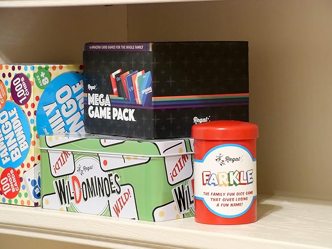 Regal Games - Farkle Classic Dice Game w/ 6 Colored Dice, 1 Convenient Dice Cup for Easy Shaking, and 25 Score Sheets - Fun Family Game for Travel, Camp, and More - Ideal for 2-4 Players (Ages 12+)