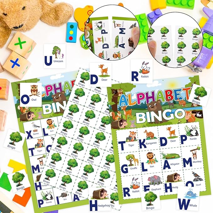 Alphabet Bingo Game for Toddler Adults, 24 Players Letter Bingo Cards Letter Recognition Alphabet Animals Themed Bingo Game Cards for School Classroom Family Activities