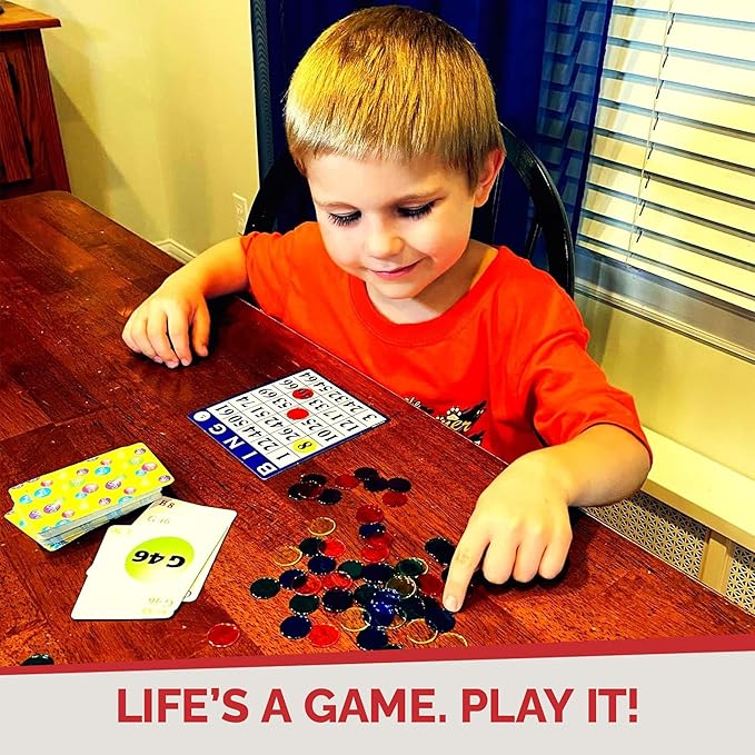 MR CHIPS Bingo Game 18 Cards and 300 Chips & Calling Cards Fun Games for Family, Reusable Kids