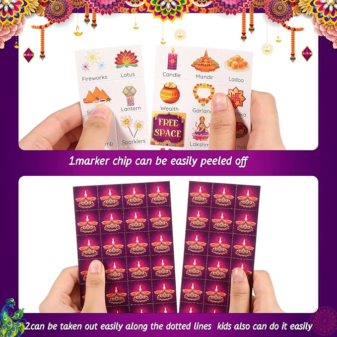 Liliful 35 Pieces Diwali Bingo Games 24 Players Diwali Bingo Cards Deepavali Party Favors Games for Family Gathering Classroom Activities Hindu Indian New Year Party Supplies