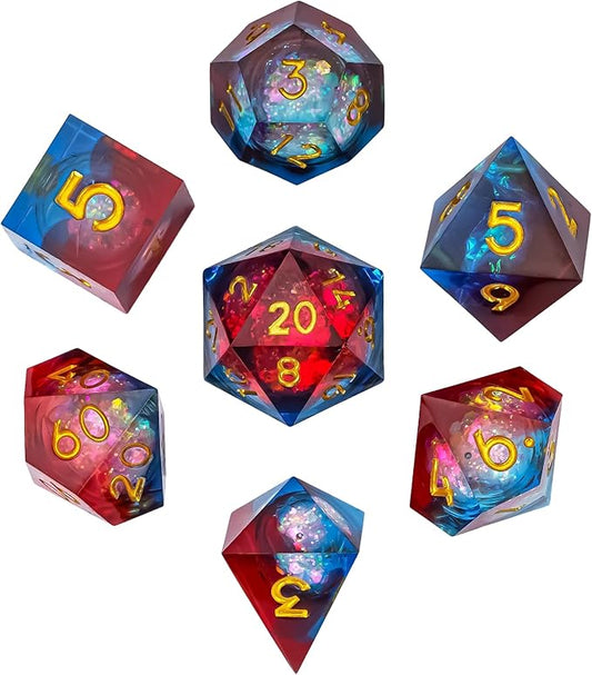 7PCS DND Dice Set,Liquid Core Sharp Edge Dice Set D&D RPG Polyhedral Die,for Dungeons and Dragons Games Roleplaying Games Pathfinder,with Gift Box(Liquid Core-Blue with Red)