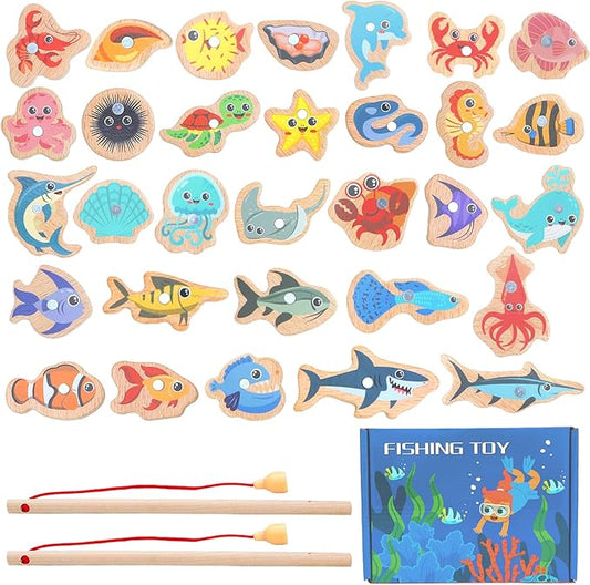 ONEST 34 Pieces Magnetic Fishing Game for Kids Wooden Magnet Fishing Game Wooden Magnetic Toys for Kindergarten Preschool Girl Boy
