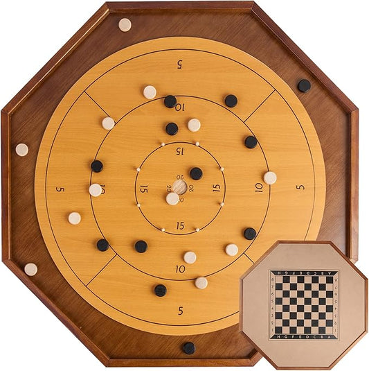 Crokinole and Checkers, 27-Inch Classic Crokinole Board Game with 22" Playing Surface, Canadian Heritage Tabletop Game for Two Players, Dexterity Krokinole Games Great for Families and Friends