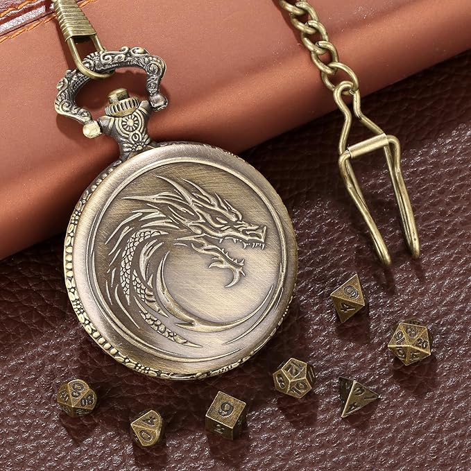 Mini DND Dice Set with Steampunk Dragon Head Totem Pocket Watch Case, Tiny 7PCS Polyhedral Metal D&D Dice, DND Gifts with Gift Box, Role Playing Game Board Game Accessories Dice, Bronze