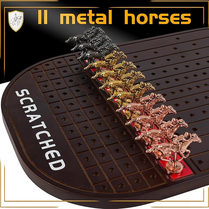 Horse Race Board Game Racing Game Thickened Solid Wood with 11 Luxurious Durable Classic Metal Horses with 4 Dice and 2 Boxes of Cards Horse Racing Game(Small Circular，Walnut) (Walnut)…