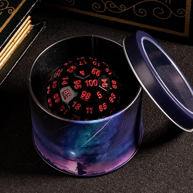 Upgraded 100 Sided Polyhedral Dice (D100), 50mm, Black/Red Font, Single Die, D&D Game Dice, Metal Storage Tin