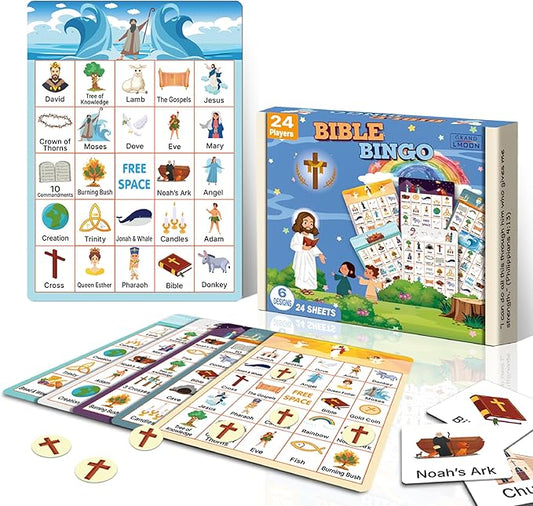 Bible Bingo Game for Kids Adults 24 Players 6 Designs Christian Bible Bingo Card Religious Game Activities for Vacation Bible School Christian Sunday Church Easter Gift Family Open Day Supplies Box
