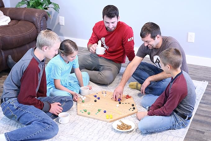 AmishToyBox.com Wahoo Wooden Marble Game Board Set - Large 24" Wide - Solid Maple Wood - Double-Sided - with Large 22mm Marbles and Dice Included