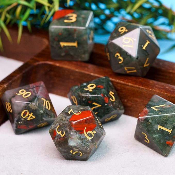 UDIXI Stone DND Dice Set, 7PCS Bloodstone Gemstone Dice Real Stone Dice with Gift Case for Dungeons and Dragons D&D and Tabletop Games