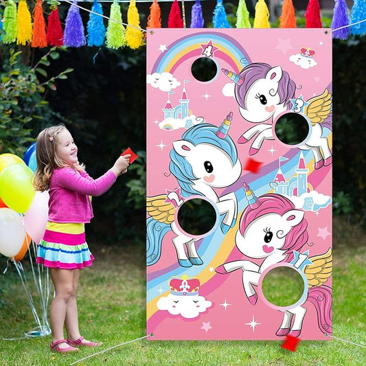 Blulu Unicorn Bean Bag Toss Game for Kids Outdoor Toys Unicorn Toss Game Banner with 3 Nylon Bean Bags Birthday Party Game Backyard Yard Activities for Toddler Birthday Gift for Girls