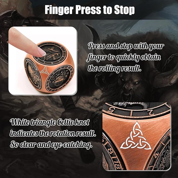 DND Spinner Dice, 7 in 1 Unique Metal Dice Set with 3D Relief for Dungeons and Dragons Gifts, Cool Polyhedral Role Playing Game Dice, Fantasy D&D Tabletop RPG Accessories for DM & Player (Copper)