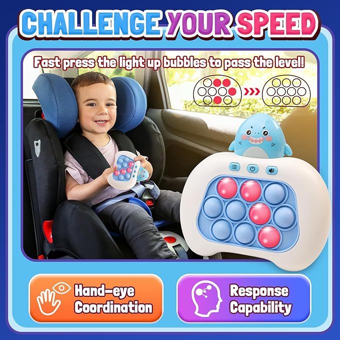 Fast Push Game Pop Toy - Electronic Quick Push Bubble Sensory Fidget Toys Light up Handheld Games with Music, Birthday Toys for Kids Teens Adults Boy Girls (Shark)