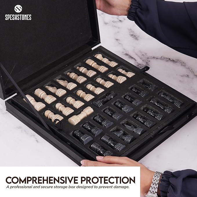 Marble Chess Set 12 Inch Handmade Travertine & Black Board Game with Storage Box, Classic Travel Chess Set for Adults with Pieces & 2 Extra Queens, Elegant Gift & Home Décor