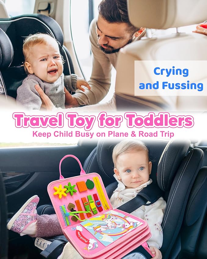 Toddler Busy Board Montessori Toys for 1 2 3 4 Year Old Girl Birthday Gifts, Busy Book Sensory Learning Toys for Toddlers 1-3, Educational Activities Airplane Car Travel Toy for Ages 2-4 Girl