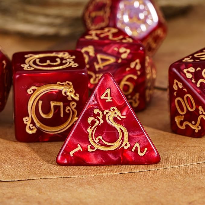 7-Die DND Dice Set Dragon Pattern Polyhedral Dice Set with Leather Bag D&D Dice Set for Dungeons and Dragons RPG MTG Table Games (Red W/Gold Dragon Pattern)