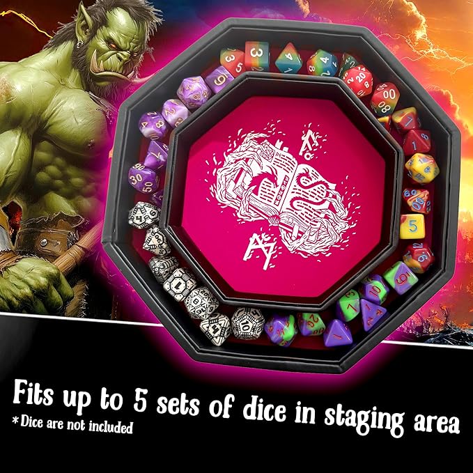 Pink Fire Dragon Dice Tray with Wizard Book Print – 9" Octagon with Dice Staging Area, Holds 5 Dice Sets – Perfect for D&D, Call of Cthulhu, Shadowrun, and All Tabletop RPGs