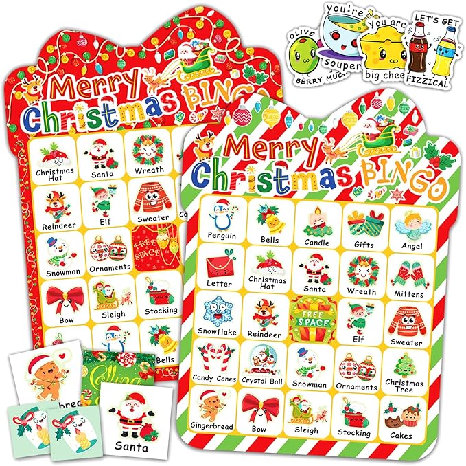 39Pcs Christmas Bingo Cards, 24 Players Cute Christmas Bingo Game for Kids Adults Party Supplies Family Games Activities Xmas Festival