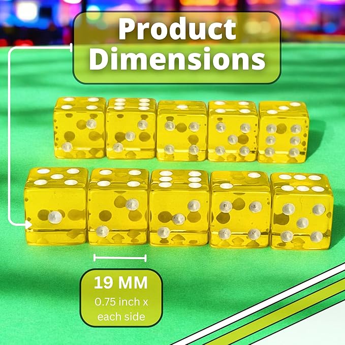Luck Lab 10 Piece 19 mm Dice Pack - Acrylic and Translucent D6 Dice, Square w/Rounded Edge for Casino, Craps, RPG MTG DND Dice Table Games and Board Games (Yellow)