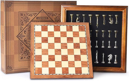 AMEROUS Wooden Chess Board Set with Pieces Storage for Adults Kids, 12.5 Inch Chess Set with Metal Pieces, Unique Chess Game for Tournament Professional Beginner