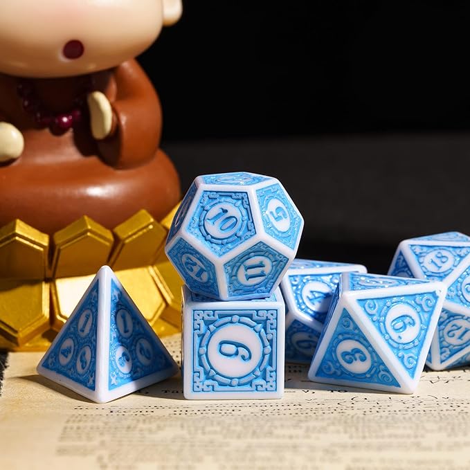 7PCs DND Dice Set, Unique Window Lattice Pattern D&D Dice Set with Leather Die Bag, Polyhedral Die for Dungeons and Dragons, RPG Table Games (Blue/White)